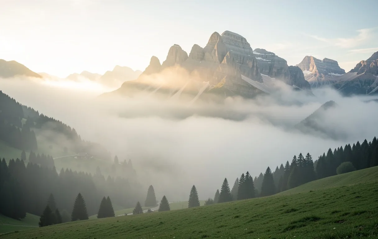 Morgendliche Alpenlandschaft im Nebel
